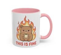 This is Fine Funny Bear Mug, Cute Meme Coffee Cup, Humour Gift for Friends, Work Colleagues, Stress Relief Joke Mug, Office Coworker Gift (Pink 11oz, Mug)
