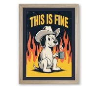 This Is Fine Retro Framed Wall Art Print A4 (29.7×21cm) Oak, Wall Decor for Living Room, Bedroom, Office & Home, Ready to Hang, Art Gift