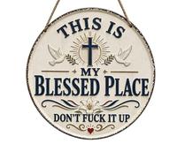 This Is My Blessed Place Sign, Funny Faith-Based outdoor Hanging Signs, Rustic Christian Wall Plaque with Cross and Dove, Vintage Round Metal Garden Decor, for Patio Yard Cafe (16in)
