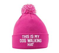 This Is My Dog Walking Hat Bobble Hat, Birthday Accessories New Puppy Gifts Warm Winter Knitted Beanie Hat with Faux Fur Pom Pom for Womens Kids Girls Boys and Men, One Size, Bright Pink