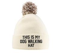 This Is My Dog Walking Hat Bobble Hat, Birthday Accessories New Puppy Gifts Warm Winter Knitted Beanie Hat with Faux Fur Pom Pom for Womens Kids Girls Boys and Men, One Size, Off White/Mocha