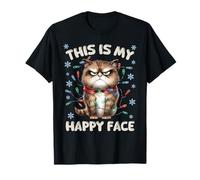 This Is My Happy Face Grumpy Christmas Light Cat T-Shirt