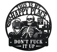 This Is My Happy Place Funny Man Cave Decor, Funny Metal Wall Art Sign, Skull Drinking Beer Funnies Garage Decor, Garage Wall Art for Home Bar, Room, Shop (A,12 * 12in)