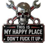 "This Is My Happy Place" Garage Wall Sign, Don’t Fuck It Up Wall Art Sign Vintage Decor for Tool Room, Skull & Crossed Wrenches Wall Decor, Man Cave, Workshop, Shed, Home Bar (A,16IN)