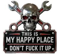 "This Is My Happy Place" Garage Wall Sign, Don’t Fuck It Up Wall Art Sign Vintage Decor for Tool Rooms, Skull & Wrench Design for Garage,Workshop,Man Cave