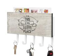 This is My Happy Place Key Holder Motivational Wall Mount Key Hanger Self Adhesive Key Hanging Rack Rustic Mail Holder Decorative for Home Office Entryway 7x4 Inch