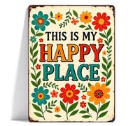 This Is My Happy Place Sign, Vintage Metal Garden Signs and Plaques for Outside, Rustic Outdoor Wall Art Decor for Patio, Yard, Porch and Home, Weather-Resistant Floral Welcome Plaque 20x30cm