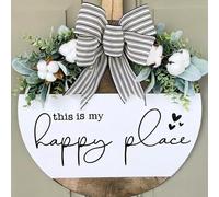 This is My Happy Place Sign Wreaths, Welcome Front Door Decoration Wall Hanging Signs, Holiday New Year Christmas Decoration Housewarming Gift for Home Outdoor Indoor, 12 inches