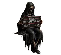 This Is My Happy Place Skeleton | “This Is My Happy Place” Skeleton Bookshelf Decor | Reading HappyPlace Skeletons Figurine | Gothic Hooded Reaper Statue for Library, Reading Room, Desks