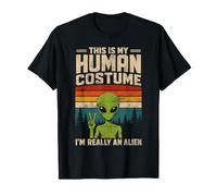 This is My Human Costume Retro Green Alien Peace Sign UFO T-Shirt