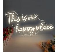 This is Our Happy Place Neon Sign Warm White LED Light Sign Aesthetic Room Decor for Teen Girls Happy Place Light for Bedroom, Salon,Classroom, Wedding Engagement Party Dimmable
