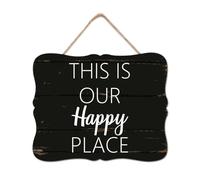 This is Our Happy Place Wooden Sign Wall Plaque Sayings Lettering Wood Plank Hanging Sign Rustic Wood Home Wall Decor for Home Room Office Garden Kitchen Housewarming Gift 8x10in