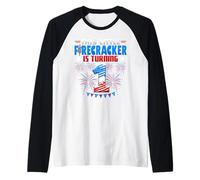 This Little Firecracker is Turning 1 Birthday 4th of July Raglan Baseball Tee