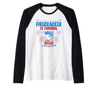 This Little Firecracker is Turning 2 Birthday 4th of July Raglan Baseball Tee