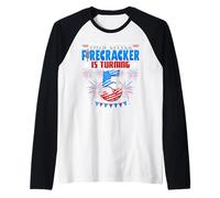 This Little Firecracker is Turning 3 Birthday 4th of July Raglan Baseball Tee