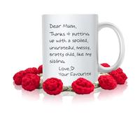 This Mothers Day Funny Gifts Mum Coffee Mug Christmas with Handmade Crochet Rose Coaster, Dear Mum Thanks 4 Putting up with... Love, Your Favourite Birthday Ideal for Mother Cup, White 11 Oz