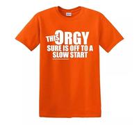 This Orgy is Slow T Shirt Mens Funny Joke Rude Comedy Novelty Gift Present Tee (Orange - White Print, L)
