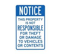This Property Is Not Responsible For Theft Or Damage To Vehicles Or Contents Metal Warning Sign for Indoor Outdoor Security, Business Office Home Street Decor 20 x 30 cm