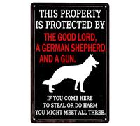 This Property Is Protected By The Good Lord Creative Tin Sign,German Shepherd Decor Funny Metal Tin Yard Signs For Home Garage Office Bar Cafe Pub Man Cave Gifts Retro Metal Tin Sign 8X12 Inches