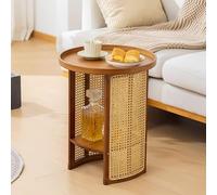 This Round Rattan Accent Table Bamboo Side Table 2Tier Coffee Table for Living Room Small Nightstand Ideal for Balcony and Sofa Use
