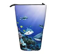 This Shark Swimming Under the Sea Print Telescopic Pencil case expands into Storage for Stationery Makeup Essentials.