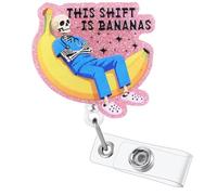This Shift is Bananas Funny Skeleton Nurse Badge Reel, Pink Cute Radiology X-Ray Tech Retractable ID Badge Holder, Name Tag Badge Clip for RN CT ED ICU ER RAD Night Shift Nurse Radiologist Workers
