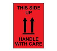 This Side Up Handle with Care Labels - Roll of 1000 | Self Adhesive Warning Stickers | 100mm x 150mm | Ideal for Shipping, Packaging & Fragile Goods