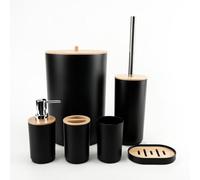 This six-piece bathroom set includes a trash can and toilet brush, soap dispenser, toothbrush holder, mouthwash cup, and soap dish-all made of durable plastic. (black)