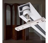 This Sliding Door Kit Bi-Folding Barn Door Hardware, Double Wood Door Heavy Duty Track Roller Set, Hidden Ceiling Mount Steel Door Rail Mechanism