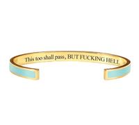 This Too Shall Pass Bracelet - But Fucking Hell Engraved Hidden Message Cuff Bangle, Funny Inspirational Jewelry, Secret Motivational Gifts for Women (Green-A)