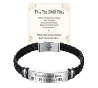 This Too Shall Pass But F Hell Bracelet for Men, Stainless Steel Engraving Inspirational Bracelet, Handmade Braided Leather Engraved Message Cuff Bracelets Motivational Jewelry Gift (Silver)
