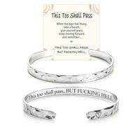This Too Shall Pass But F Hell Cuff Bracelet, Hidden Message Inspirational Engraved Bracelet, Hammered Textured Open Cuff Bangle Bracelets Motivational Jewelry Gifts (Silver)
