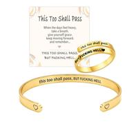 This Too Shall Pass But F Hell Mantra Bracelet Ring Set | Hidden Message Engarved Motivational Cuff Bracelet Wrap Ring Set, Adjustable Stacking Inspirational Jewelry Gifts for Women