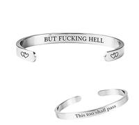 This Too Shall Pass But Fucking Hell Mantra Cuff Bracelet, This Too Shall Pass Engarved Motivational Bangle Bracelet, Hidden Message Inspirational Cuff Bracelets Jewelry Gifts for Women (Silver)