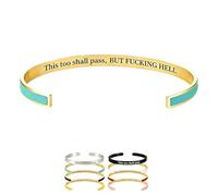 This Too Shall Pass Mantra Cuff Bracelet for Women, Hidden Funny Message Engraved Bangle, Motivational Encouragement Jewellery Gifts for Friends Sister, Adjustable Minimalist Open Design (Green Gold)