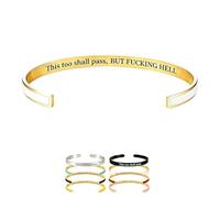 This Too Shall Pass Mantra Cuff Bracelet for Women, Hidden Funny Message Engraved Bangle, Motivational Encouragement Jewellery Gifts for Friends Sister, Adjustable Minimalist Open Design (White Gold)