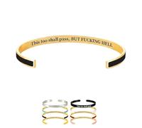 This Too Shall Pass Mantra Cuff Bracelet for Women, Hidden Funny Message Engraved Bangle, Motivational Encouragement Jewellery Gifts for Friends Sister, Adjustable Minimalist Open Design (Black Gold)