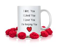 This Valentine's Day I Met You I Liked You I Loved You I'm Keeping You Coffee Mug with Handmade Crochet Rose Coaster, Christmas for Him, Her, Boyfriend,Girlfriend, Husband, Wife Cup Gifts, White 11 Oz