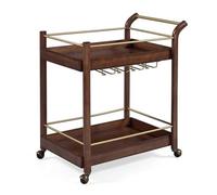 This Vintage Wooden Bar Cart - Rolling Utility Trolley with Wine Rack Support Kitchen Serving Cart on Wheels Brown Metal Frame Stylish Storage Solution for Home & Entertaining