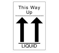 This Way up Liquid Labels/Stickers. 100mm x 150mm, with a Strong Permanent Adhesive. 250 Labels per roll.