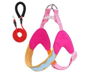 This Y-shaped anti-pull dog harness and leash set is designed for Pekingese and features an adjustable, soft-padded chest vest with reflective strips. pink XS+2M