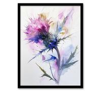 Thistle Flower Bloom Soft Watercolour Painting Framed Wall Art Artery8 Purple W12 inch x H16 inch