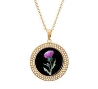 Thistle Purple Flower Circle Pendant Necklace for Women 1.3" | Elegant Casual Alloy Steel Multicolored Sliver/Gold with Diamonds