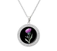 Thistle Purple Flower Circle Pendant Necklace for Women 1.3" | Elegant Casual Alloy Steel Multicolored Sliver/Gold with Diamonds