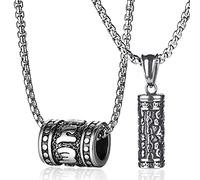 THJEW 2PCS Mens Gothic Punk Tibetan Buddhism Meditation Pendant Necklace,316L Stainless Steel Om Mani Padme Hum Buddhist Mantra Prayer Wheel Meditation Pendant Necklace Jewelry Gift for Him, Silver,