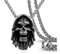 THJEW Mens Cool Death Skull Head Pendant Necklace,S925 Sterling Silver Retro Vintage Gothic Punk Biker Cocktail Party Easter Halloween Cloak Wizard Grim Reaper Skull Head Pendant,Stainless Steel Chain