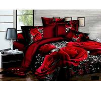 THL 3 Pcs Complete Bedding Set 3D Design Floral Printed Duvet Cover with Fitted Sheet Pillowcases (Red Black Roses 242, Single)