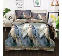 THL 3 Piece Complete Bedding Set 3D Effect Animal Printed Duvet Cover with Fitted Sheet Pillowcase (Shark 318, Single)