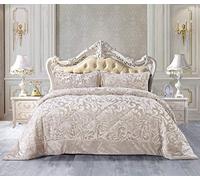 THL 3 Pieces Luxury Embossed Teddy Beige Super King 255×275 cm - Teddy Fleece Bedding Set & Embossed Bedspread in Soft Cozy Polyester