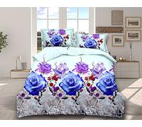 THL 4 Pcs Complete Bedding Set 3D Design Floral Printed Duvet Cover with Fitted Sheet Pillowcases (Blue Purple Rose 361, Super King)